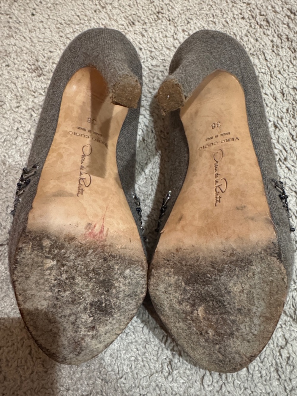 Oscar de la Renta Gray Embellished Peep-Toe Pumps - Picture 8 of 11